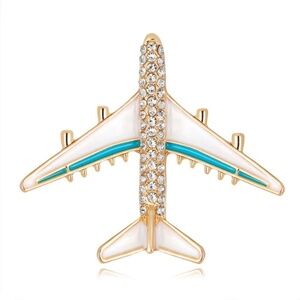 **LULEE* White x Blue Rhinestone Fashion Airplane Brooch